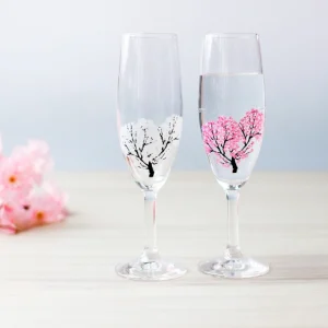 thermochromic champagne glass “sakura” pair set (color changes with cool)