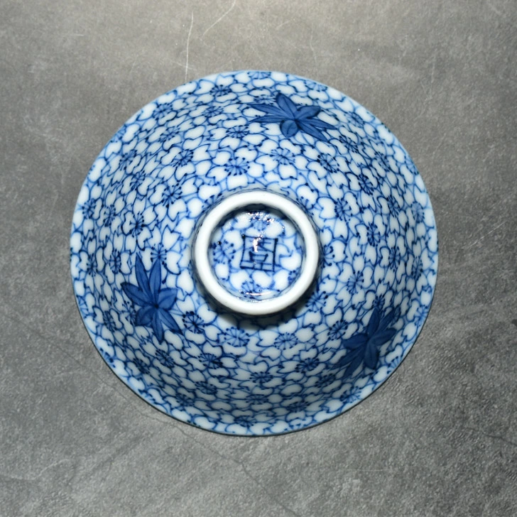 kyo yaki sometsuke sakazuki sake cup “blue sakura and momiji” kyo yaki sometsuke sakazuki sake cup “blue sakura and momiji”