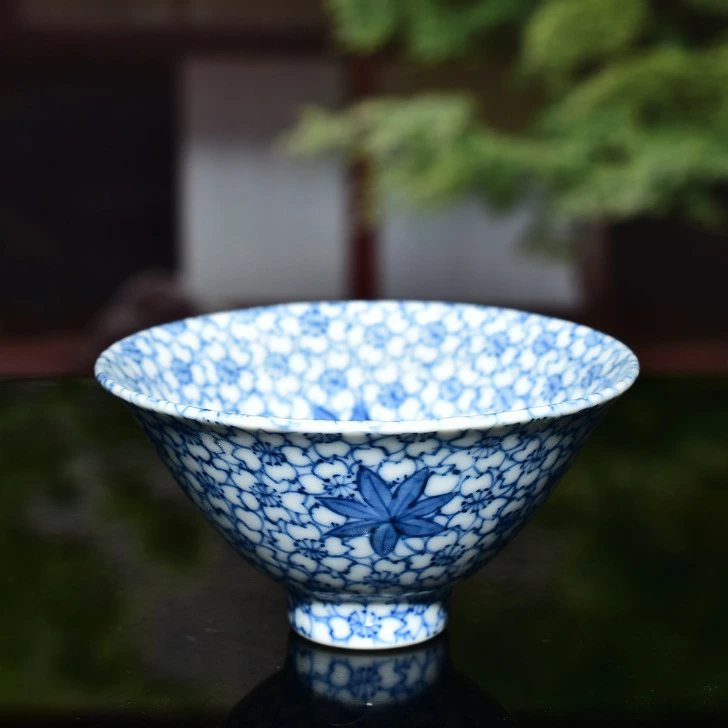kyo yaki sometsuke sakazuki sake cup “blue sakura and momiji” kyo yaki sometsuke sakazuki sake cup “blue sakura and momiji”