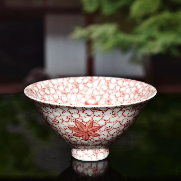 kyo yaki sometsuke sakazuki sake cup “red sakura and momiji” kyo yaki sometsuke sakazuki sake cup “red sakura and momiji”