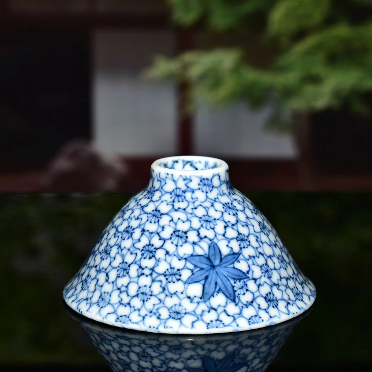 kyo yaki sometsuke sakazuki sake cup “blue sakura and momiji” kyo yaki sometsuke sakazuki sake cup “blue sakura and momiji”